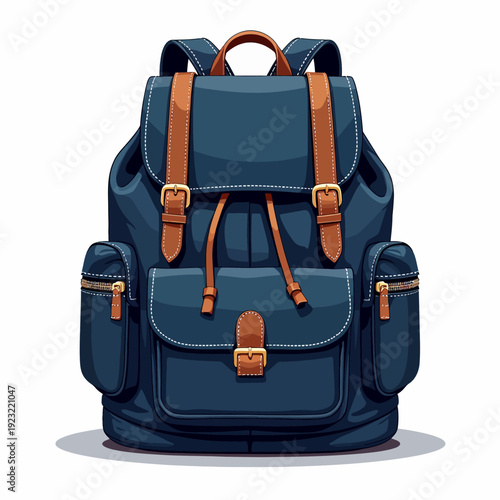 Durable navy blue travel backpack with vintage leather straps and multiple pockets designed for adventurous outdoor hiking trips and daily city commuting.
