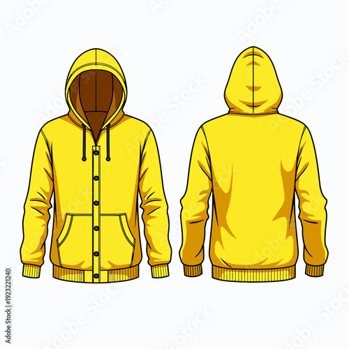 Vibrant yellow zip-up hooded sweatshirt for men or women featuring a drawstring hood and front pockets perfect for casual sports and urban streetwear style.
