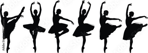 Set of Graceful Ballerina Silhouettes in Classic Ballet Poses, Professional Dancer Figures in Tutus Performing Dance Moves Isolated on White Background for Vector Art
