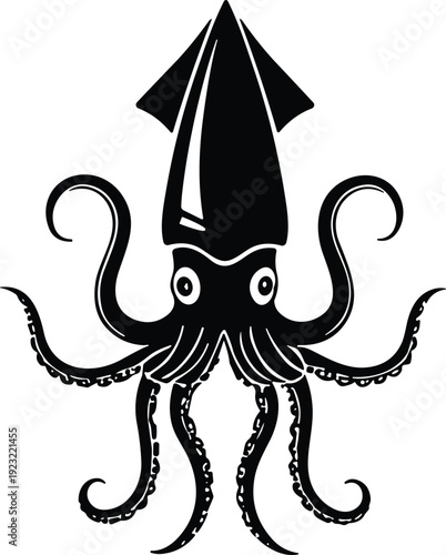 Stylized squid vector illustration, bold black and white marine animal design with symmetrical tentacles and triangular head motifs