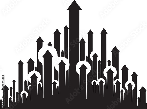 Black and white cityscape with arrows pointing upwards strongly