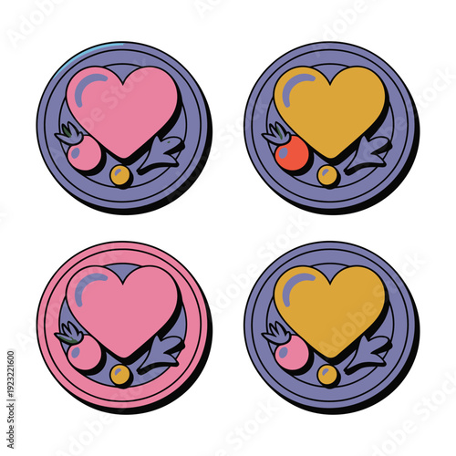 Four stylized heart-shaped coins or tokens are displayed against a white background.