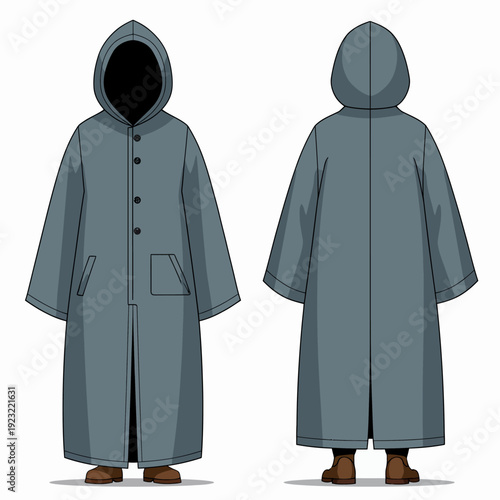 Versatile gray hooded raincoat for men or women featuring a long silhouette and functional pockets for your outdoor autumn apparel and urban streetwear needs.
