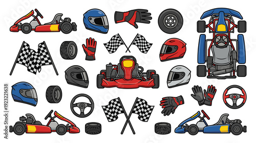 Comprehensive collection of go kart racing elements vector design featuring top and side view vehicles protective helmets gloves tires steering wheel and checkered flags