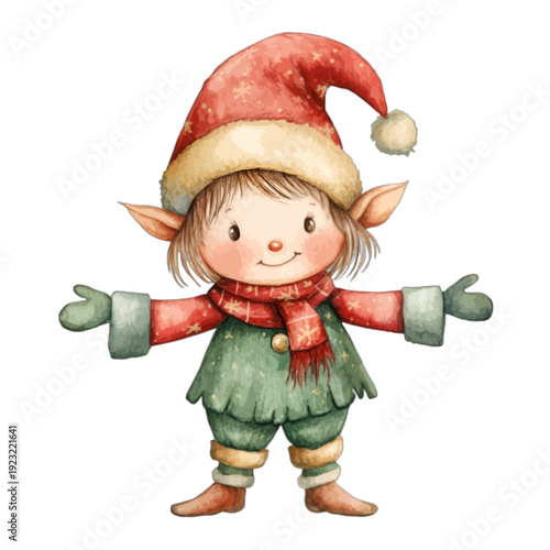 Watercolor Illustration of a Cute Christmas Elf Child with Pointed Ears Wearing a Red Star Patterned Hat and Green Suit Isolated on White
