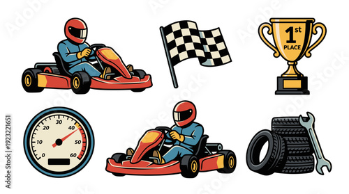 Go kart racing champion competition equipment set vector illustration with fast driver gold trophy car speedometer tires and checkered flag cartoon design
