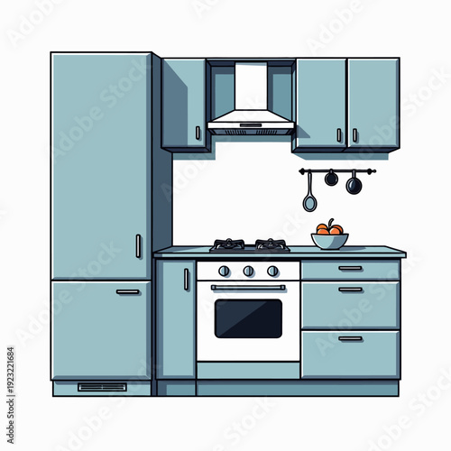 Plan your dream home with this stylish modern blue modular kitchen unit featuring integrated appliances like a stove oven and extractor hood.

