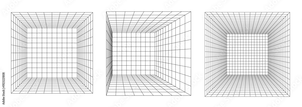 Fototapeta premium 3d room grids with black lines, set of three designs. vector illustration. SVG file available only on Adobe Stock.