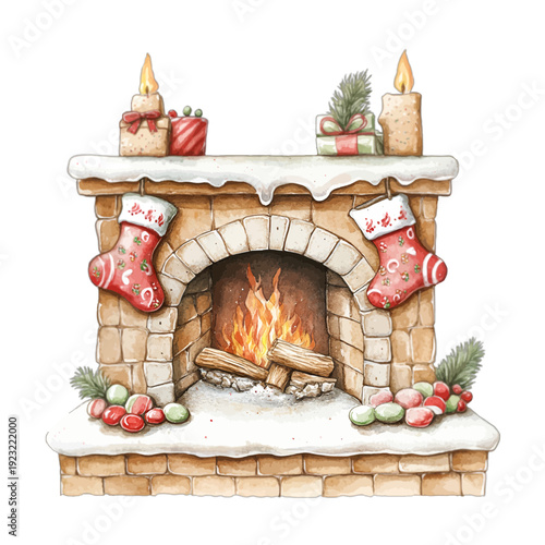 Watercolor Illustration of a Cozy Christmas Fireplace with Stockings, Candles, and Snow-Covered Mantel Isolated on White Background
