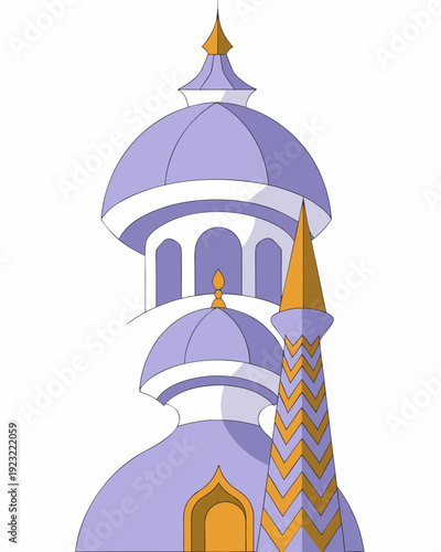 A vector illustration of an orthodox church and temple building featuring a traditional dome, cross, and tower architecture set against a city sky as a religious travel icon