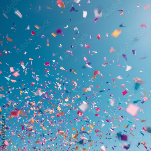 Colorful confetti bursting and flying against a blue sky