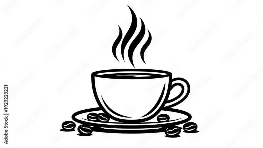 Obraz premium Steaming Coffee Cup with Beans on Saucer, Black and White Line Art