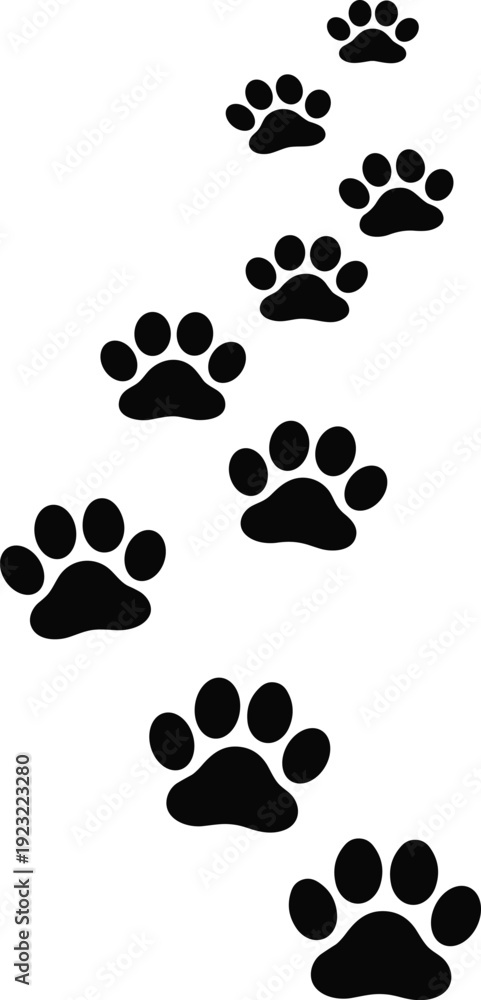 Fototapeta premium Nine animal paw prints arranged diagonally, black silhouette vector illustration symbolizing tracking, movement, exploration, presence, wildlife, pets