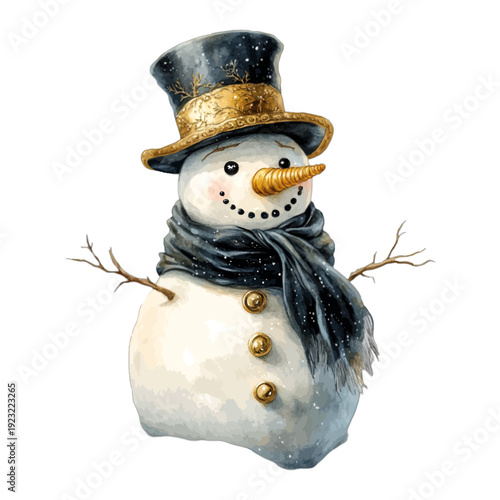 Watercolor Illustration of a dapper Snowman Wearing a Navy Top Hat with Gold Ribbon and Matching Scarf Isolated on White