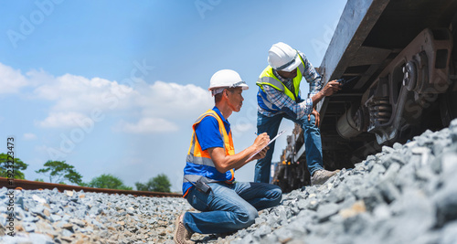 Bild auf Leinwand Railway engineers inspecting undercarriage and steel wheels of a freight train o