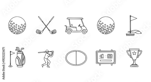 Modern Monoline Golf Icons Set with Ball Clubs Cart Flag Swing and Tournament Equipment Outline Vector