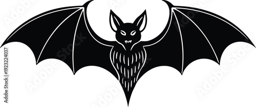 Stylized symmetrical bat illustration with spread wings, gothic design, Halloween theme, black silhouette, detailed face, spooky nocturnal animal art