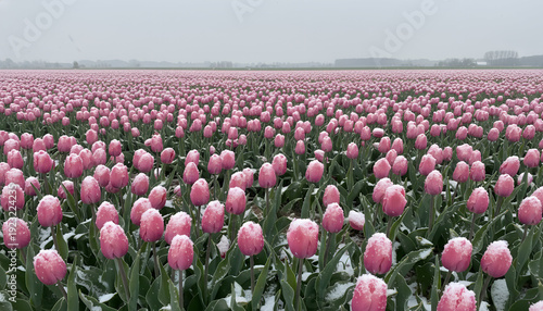 Vibrant pink tulip field covered in snow during winter season  