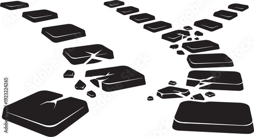 Broken black tiles on a white background with cracks