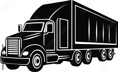 Black silhouette of semi truck isometric view on checkered background