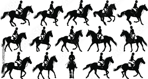 Horse rider silhouette vector illustrations, equestrian motion sequence showing rider and horse gait phases for design motifs
