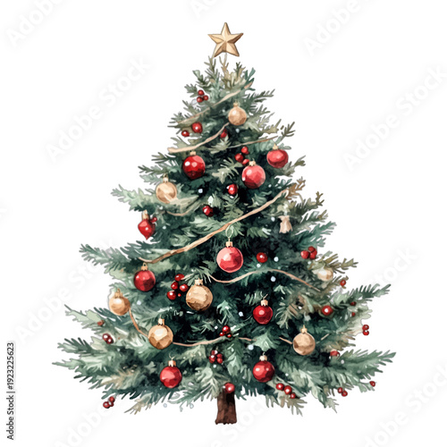 Watercolor Christmas tree with red and gold ornaments and star topper