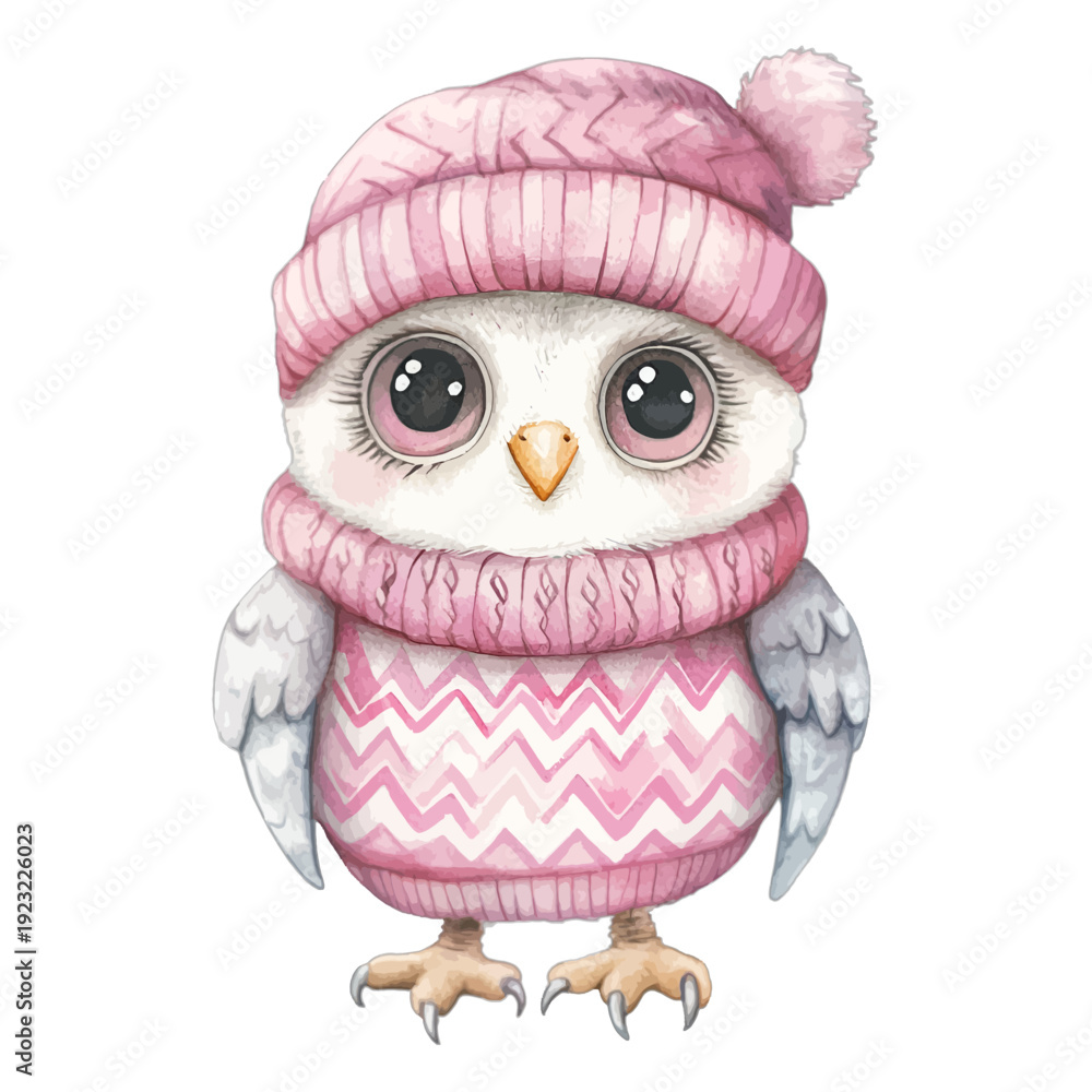 Obraz premium Watercolor Cute Owl with Pink Knitted Beanie Hat and Zigzag Pattern Winter Sweater