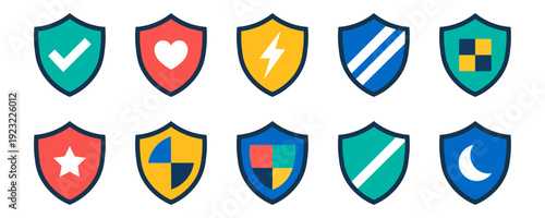 Colorful Shield Icon Set with Security Symbols Check Heart Lightning Star and Moon Flat Vector Illustration