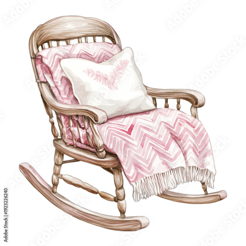 Watercolor wooden rocking chair with pink chevron blanket and pillow
