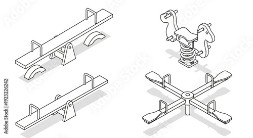 playground equipment seesaw and merry-go-round line art.