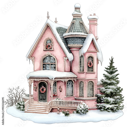 Watercolor Snowy Pink Victorian House with Christmas Wreaths and Pine Tree
