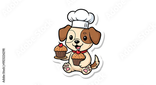 Cute Cartoon Dog Chef Holding Cupcakes, Whimsical Bakery Character