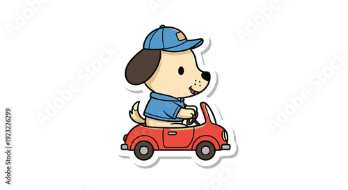 Cute cartoon dog driving a red convertible car, wearing a blue cap and shirt