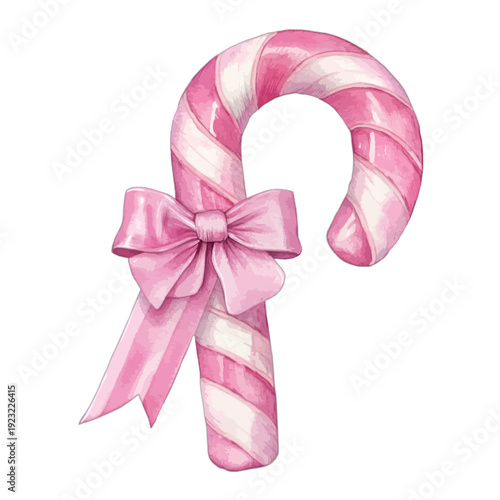 Watercolor pink candy cane with matching ribbon bow for Christmas decor

