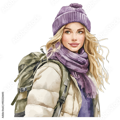 Watercolor woman hiker in winter puffer jacket with purple beanie
