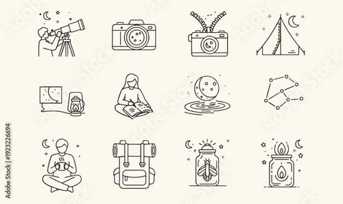 Premium Astronomy  Night Camping Icon Pack - 12 Minimalist Line Art Graphics for Stargazing Apps, Space Exploration Blogs, Outdoor Gear  Cosmic Lifestyle UI Assets