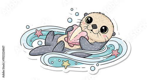 Cute Sea Otter Floating with Seashell, Cartoon Style, Adorable Marine Mammal