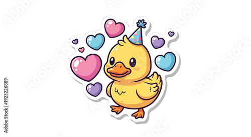 Cute Yellow Duckling Wearing Party Hat Surrounded by Hearts