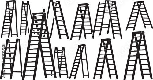 Collection of various ladders in different sizes and positions