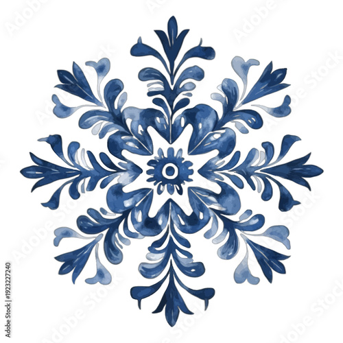 Watercolor blue toile snowflake with intricate Chinoiserie floral details