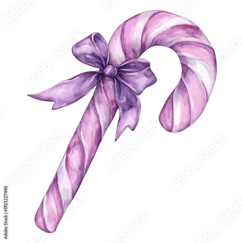 Watercolor purple candy cane with ribbon bow for Christmas decor