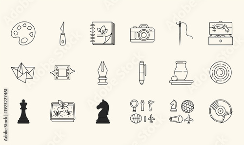 Premium Creative Hobby  Art Mastery Icon Pack - 18 Minimalist Line Art Graphics for DIY Crafts, Gardening, Photography, Chess  Artistic Lifestyle UI Assets