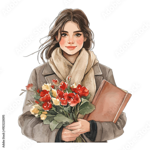 Watercolor Portrait of a Young Woman in a Winter Coat Holding a Red Rose Bouquet and a Leather Journal
