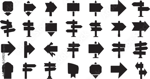 Collection of various black directional signs and symbols icons