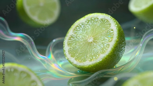 Closeup of a green lime cut in half with a soft background