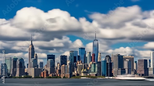 Panoramic view of New York City skyline with clouds, showcasing iconic skyscrapers on a sunny day