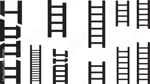 Black and white illustration of various ladders and stairs