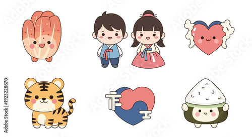 Vibrant Korean culture illustrations featuring couple, tiger, heart, and traditional dress in a playful, cartoonish style from a straightforward viewpoint.