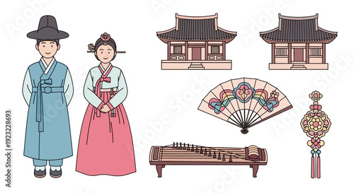 Traditional Korean couple standing together amidst cultural heritage elements and traditional instruments in a flat illustration style