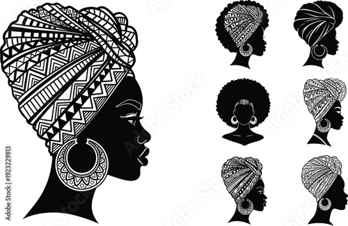 Beautiful African woman profile silhouette set with traditional ornate patterned headwraps and diverse natural afro hairstyles vector